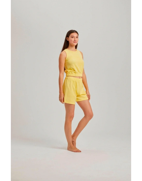 Sarı Kalın Askılı Viskon Kadın Şortlu Takım