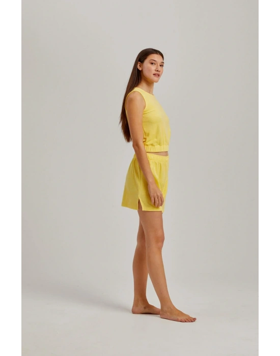 Sarı Kalın Askılı Viskon Kadın Şortlu Takım