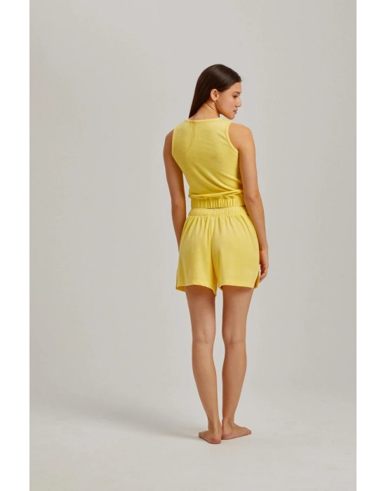 Sarı Kalın Askılı Viskon Kadın Şortlu Takım