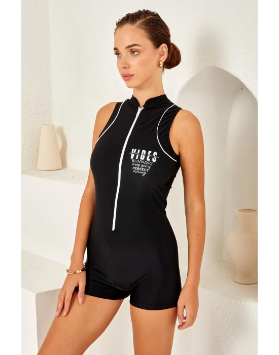 Sıfır Kol Şortlu Fermuarlı Sörfçü Mayo Yüzücü Mayo 4161 Siyah