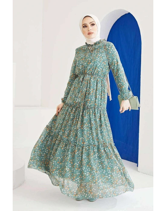 Şifon Bayan Elbise Eteği Fırfır Detaylı Astarlı Yeşil 4609