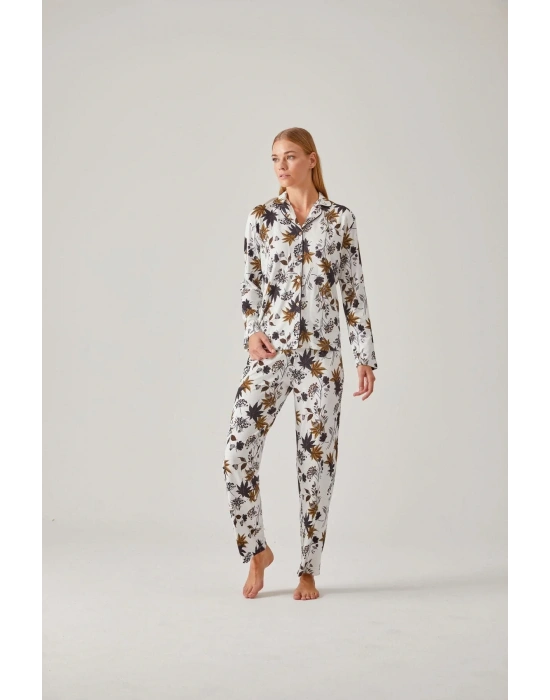 Siyah Ceviz Yeşil Çiçek Desen Önden Düğmeli Viskon Kadın Pijama Takımı