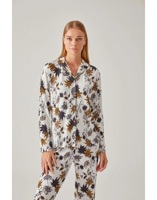 Siyah Ceviz Yeşil Çiçek Desen Önden Düğmeli Viskon Kadın Pijama Takımı