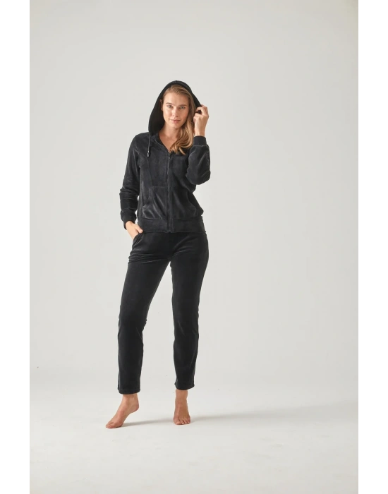 Siyah Önden Fermuarlı Kapşonlu Kadife Eşofman Takımı