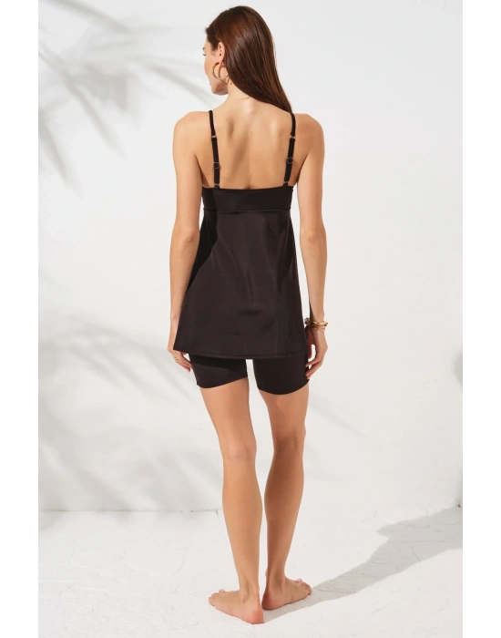 Siyah V Yaka Ayarlanabilir Askılı Şortlu Tankini Mayo Omuz Cut Out Detaylı Korse Etkili Pedli