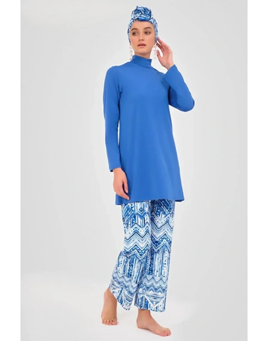 Su Desenli Pareolu 6 Parça Tesettür Mayo Dlx-24605