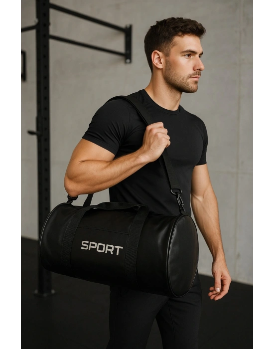 Suni Deri Unisex Askılı Silindir Spor Çantası Fitness Çantası