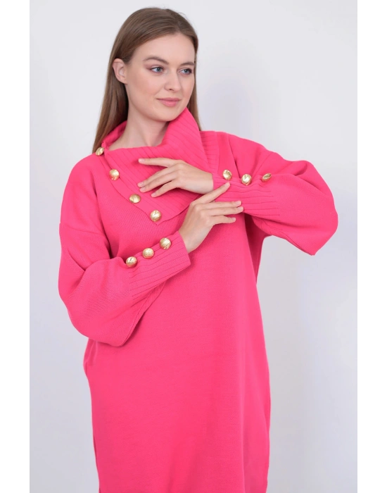 Triko Uzun Kadın Elbise Yaka Düğmeli Fujya