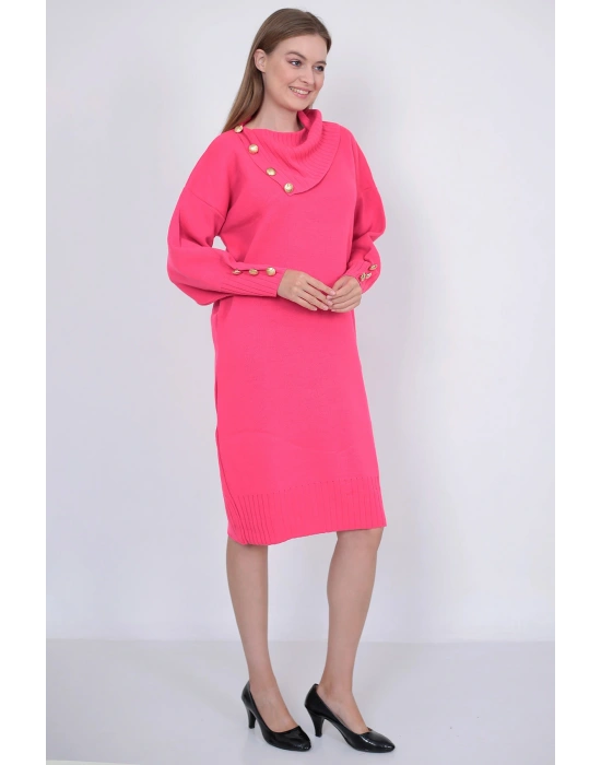 Triko Uzun Kadın Elbise Yaka Düğmeli Fujya