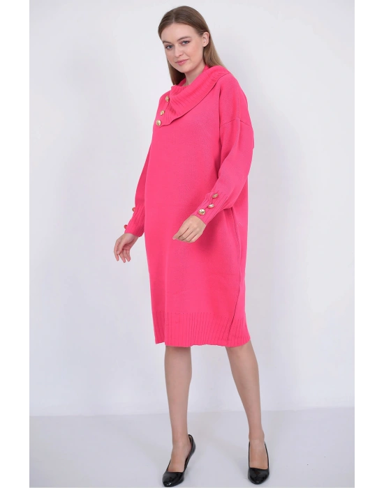 Triko Uzun Kadın Elbise Yaka Düğmeli Fujya