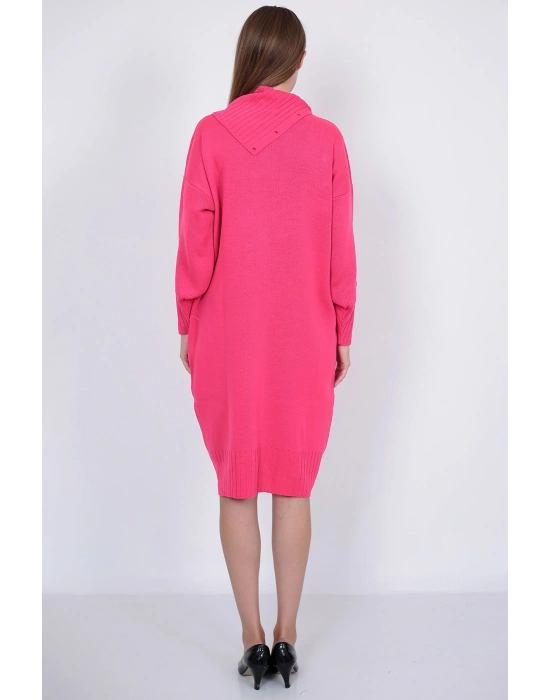 Triko Uzun Kadın Elbise Yaka Düğmeli Fujya