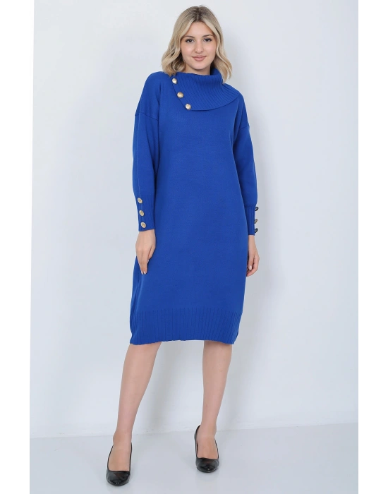 Triko Uzun Kadın Elbise Yaka Düğmeli Mavi