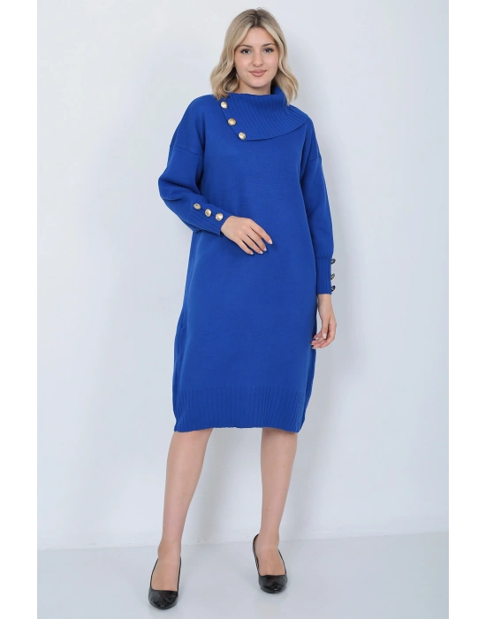 Triko Uzun Kadın Elbise Yaka Düğmeli Mavi