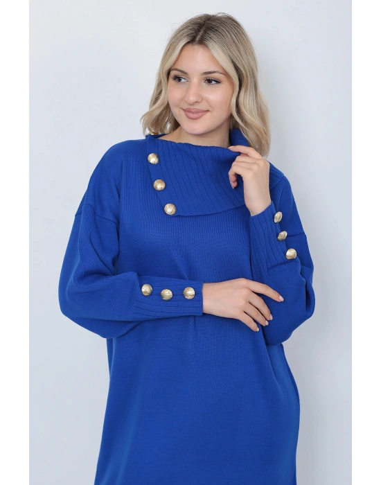 Triko Uzun Kadın Elbise Yaka Düğmeli Mavi