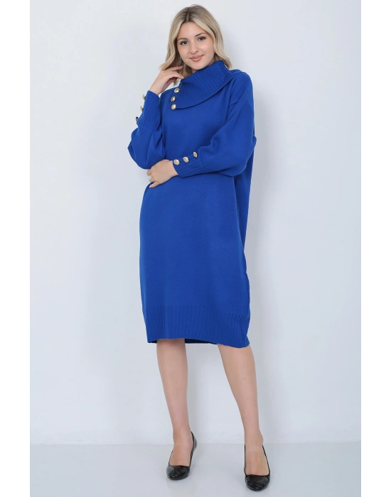 Triko Uzun Kadın Elbise Yaka Düğmeli Mavi