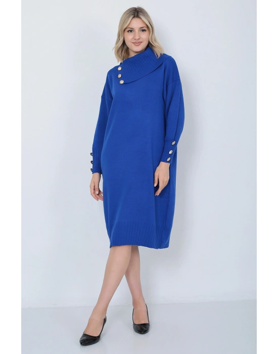 Triko Uzun Kadın Elbise Yaka Düğmeli Mavi