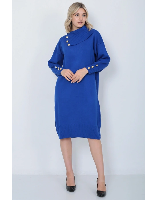 Triko Uzun Kadın Elbise Yaka Düğmeli Mavi