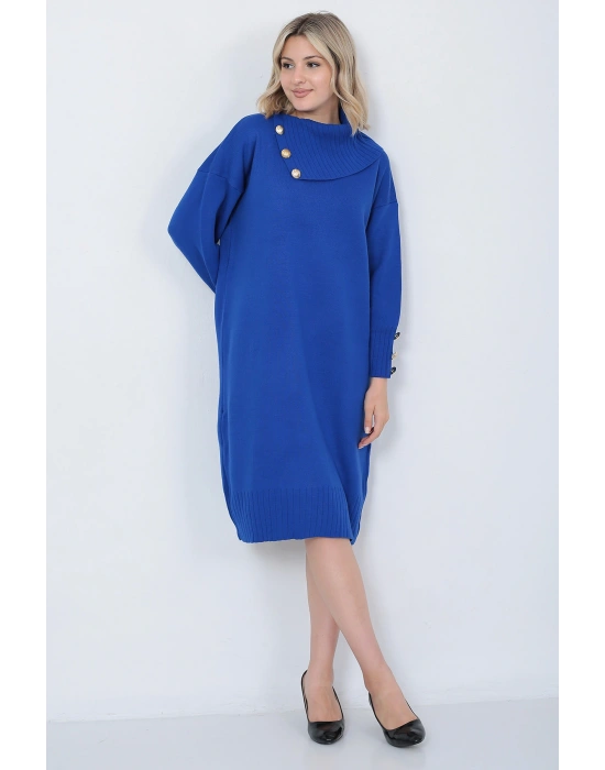 Triko Uzun Kadın Elbise Yaka Düğmeli Mavi