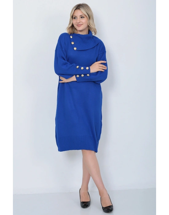 Triko Uzun Kadın Elbise Yaka Düğmeli Mavi