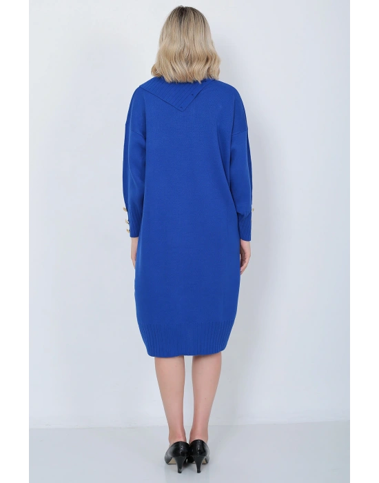 Triko Uzun Kadın Elbise Yaka Düğmeli Mavi