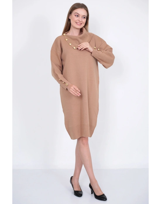 Triko Uzun Kadın Elbise Yaka Düğmeli Vizon