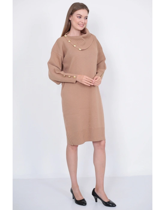 Triko Uzun Kadın Elbise Yaka Düğmeli Vizon