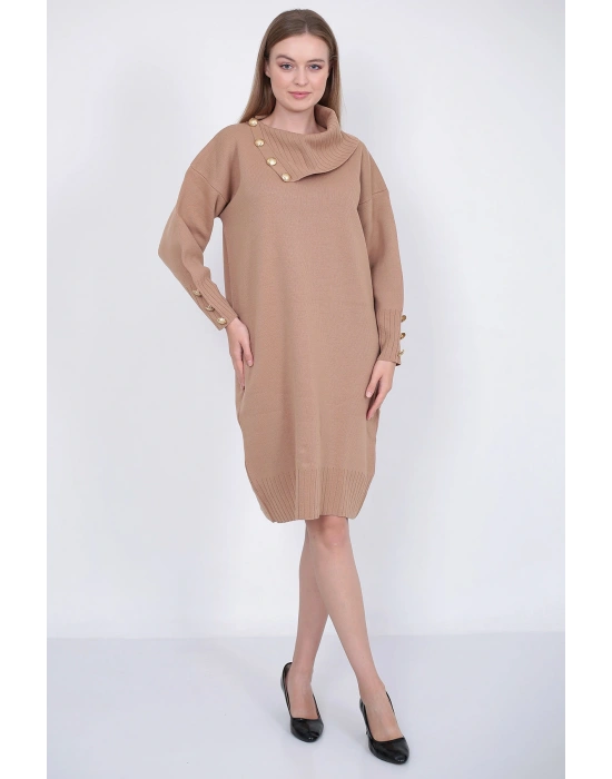 Triko Uzun Kadın Elbise Yaka Düğmeli Vizon