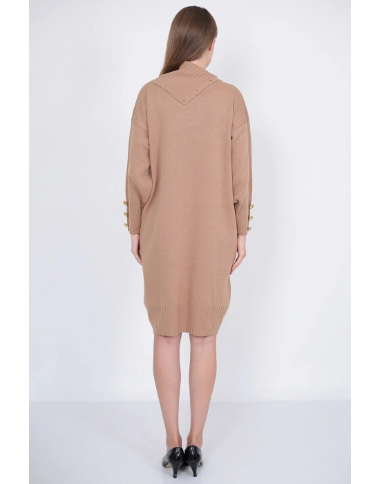 Triko Uzun Kadın Elbise Yaka Düğmeli Vizon