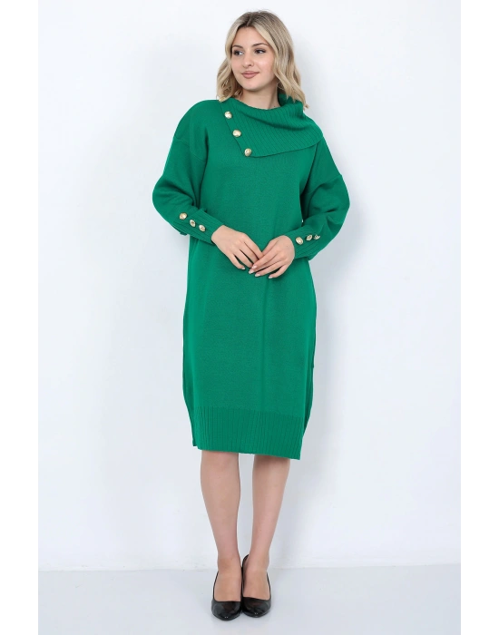 Triko Uzun Kadın Elbise Yaka Düğmeli Yeşil