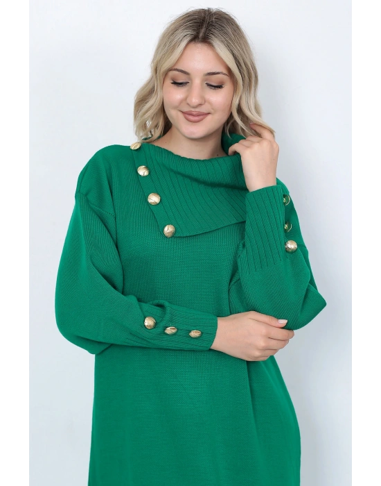 Triko Uzun Kadın Elbise Yaka Düğmeli Yeşil