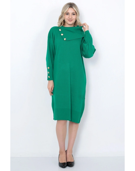 Triko Uzun Kadın Elbise Yaka Düğmeli Yeşil