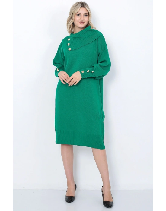 Triko Uzun Kadın Elbise Yaka Düğmeli Yeşil