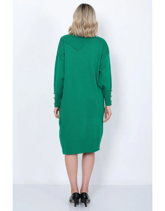 Triko Uzun Kadın Elbise Yaka Düğmeli Yeşil