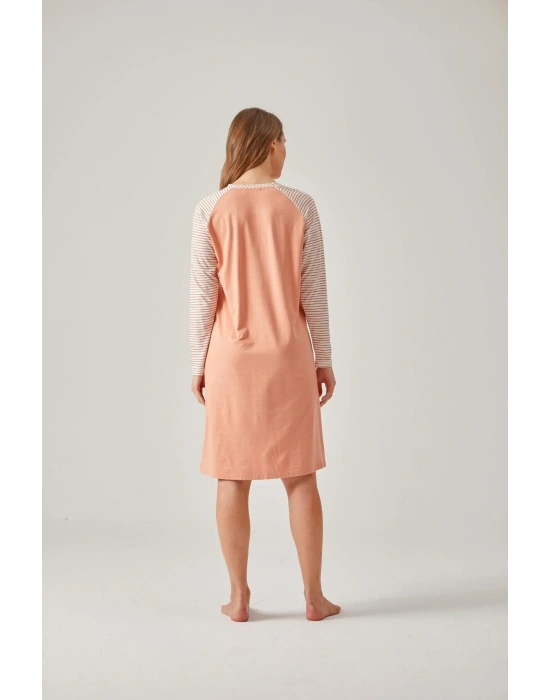 Turuncu Çizgili Raglan Kollu Baskılı Modal Pamuk Kadın Gecelik