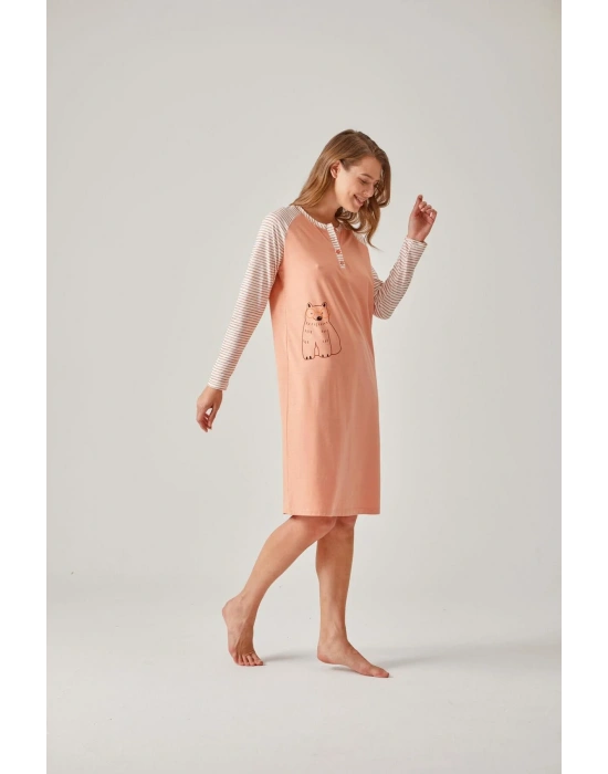 Turuncu Çizgili Raglan Kollu Baskılı Modal Pamuk Kadın Gecelik