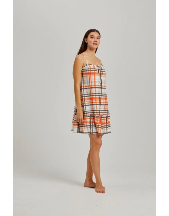 Turuncu Ekose Ip Askılı Gecelik