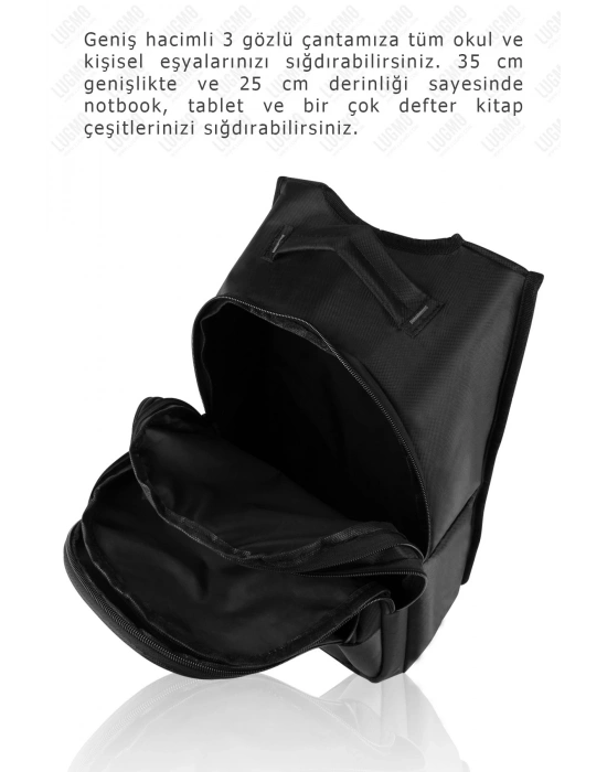 Üç Gözlü İçi Astarlı Pedli Okul Çantası Ortaokul Lise Çantası Armalı Mavi