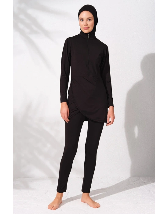 Uzunkollu Fermuarlı Tesettür Mayo Siyah 231914