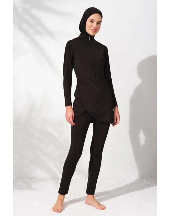 Uzunkollu Fermuarlı Tesettür Mayo Siyah 231914