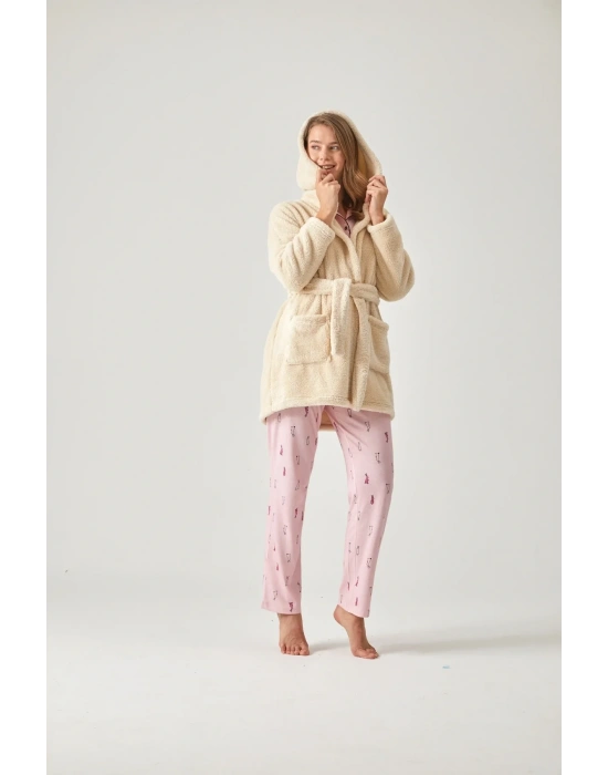 Welsoft Ekru Kapşonlu Sabahlık