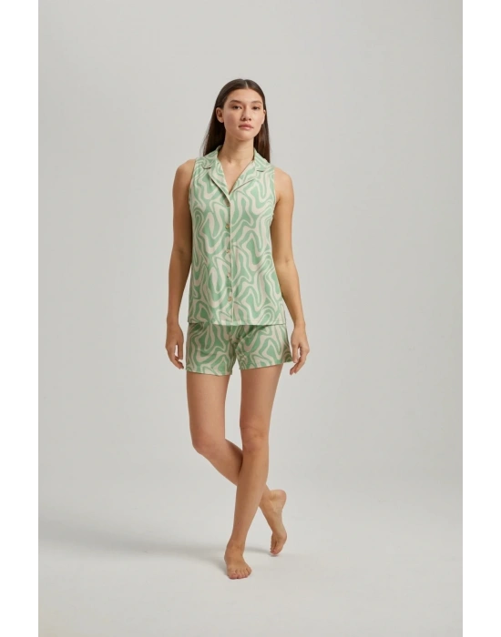 Yeşil Dalga Desen Kısa Kollu Düğmeli Şort Takım