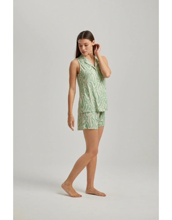 Yeşil Dalga Desen Kısa Kollu Düğmeli Şort Takım