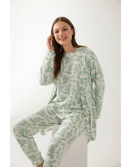 Yeşil Renk Desenli Yumoş Kadın Sabahlık