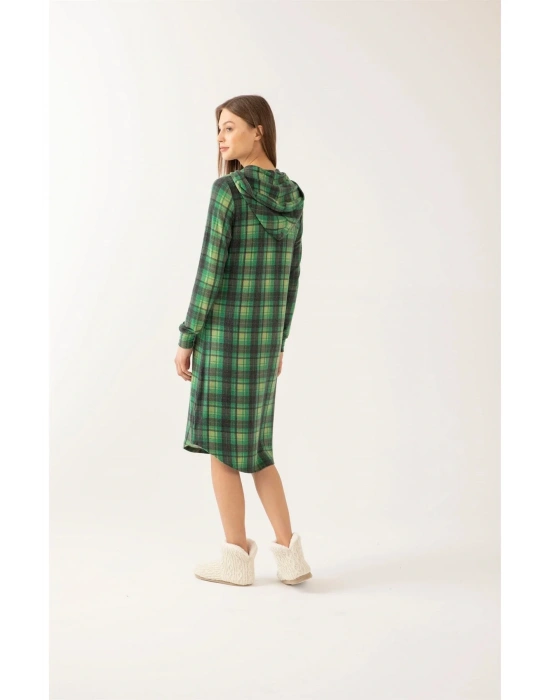 Yeşil Renk Ekose Kapşonlu Kadın Gecelik