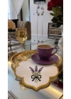Lavanta Nakışlı Kahve Sunumluğu Gold Kenarlı Sunum Peçetesi Kahve Yanı Fincan Altlığı Beyaz 14 cm
