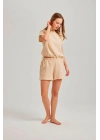 Bej Yandan Ipli Kadın Şortlu Müslin Takım