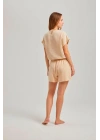 Bej Yandan Ipli Kadın Şortlu Müslin Takım