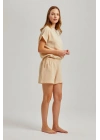 Bej Yandan Ipli Kadın Şortlu Müslin Takım