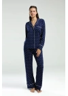 Boydan Düğmeli, Uzunkol Desenli Pijama Takım, Kutulu Çeyizlik Pijama Takım, %96 Viskon