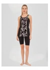 Desenli Biye Süslemeli Askılı Yarı Kapalı Mayo - Siyah -
